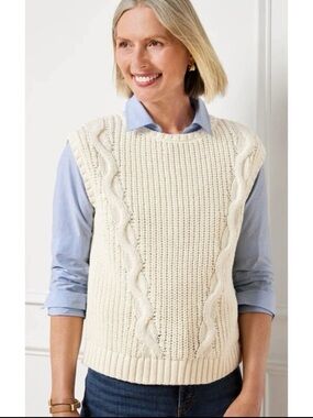 Talbots Ivory Cream Cable Knit Sleeveless Sweater Vest Sz S Preppy Layering NWOT